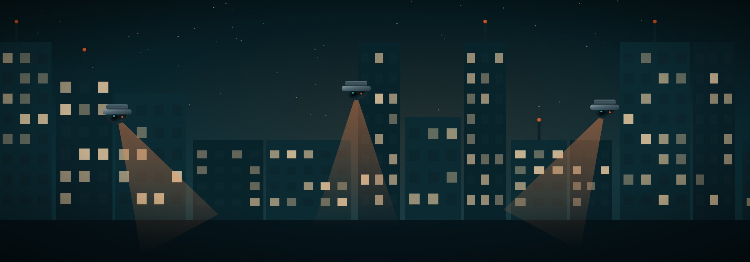 City skyline at night with camera positions and their coverage