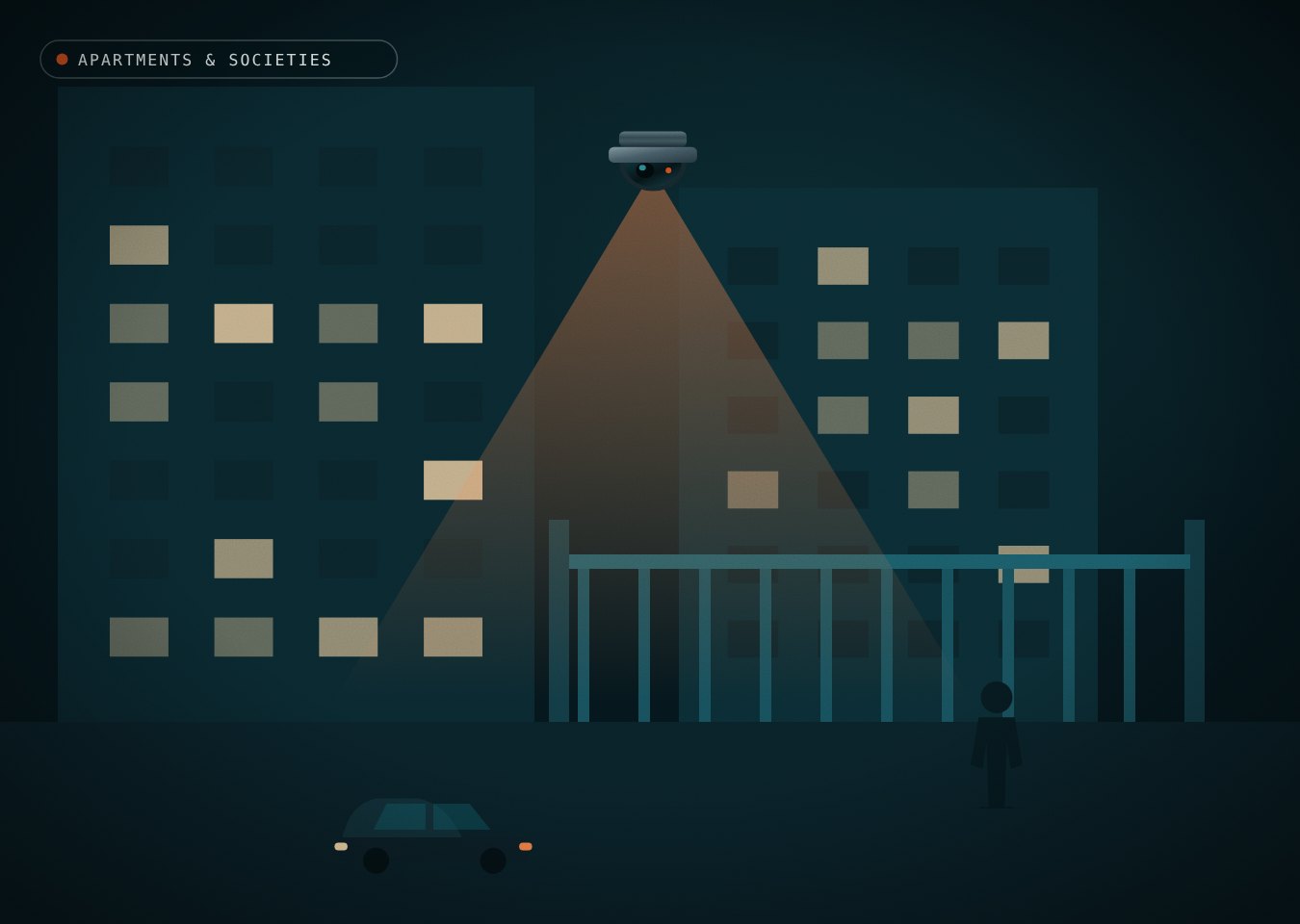 Apartment towers and a gated entrance covered by a dome camera