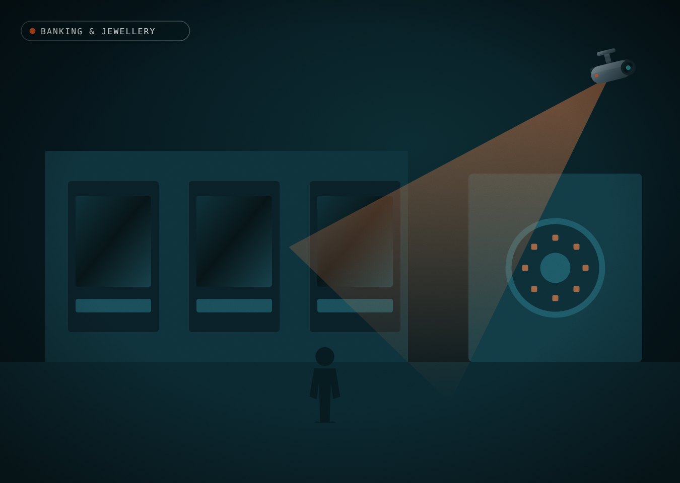 Bank counter positions and a strong-room door under camera coverage